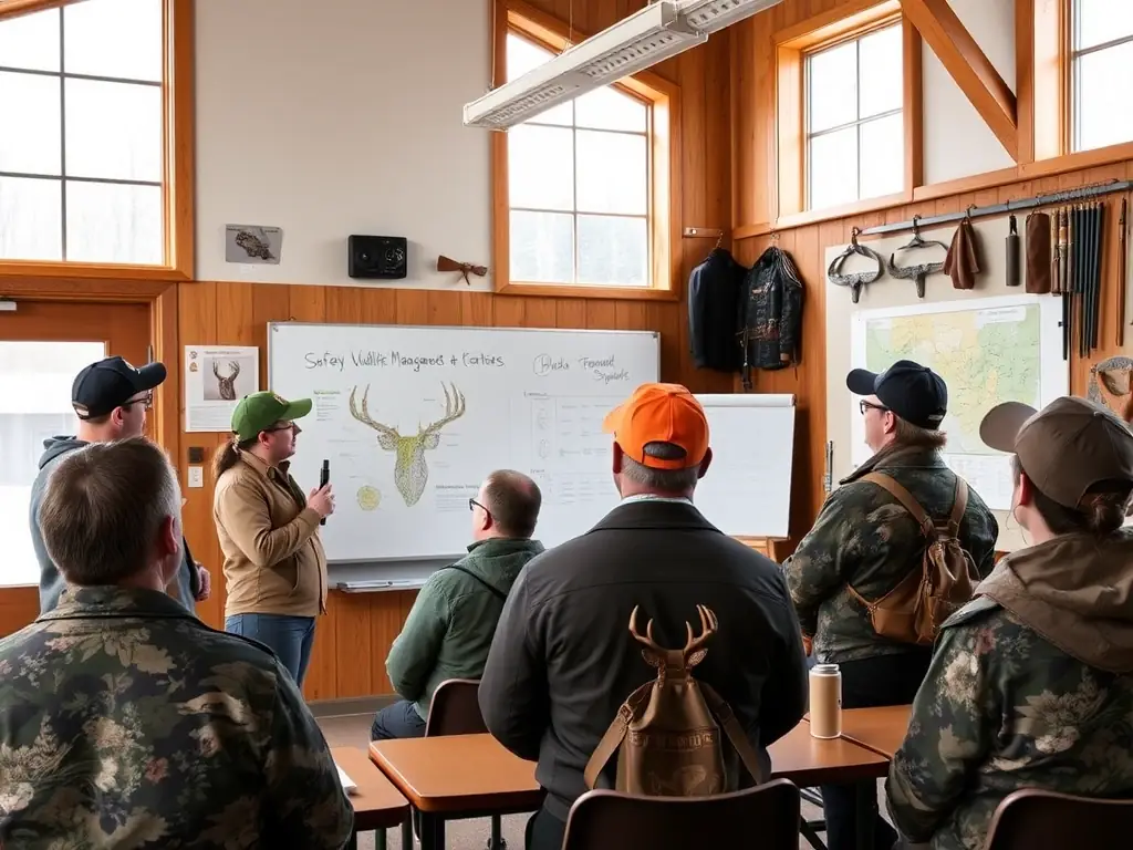 A group of hunters attending a workshop on sustainable hunting practices, learning about wildlife management and ethical hunting techniques.